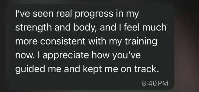 Client review screenshot about strength progress
