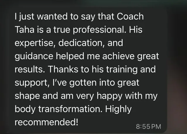 Client review screenshot about Coach Taha professionalism