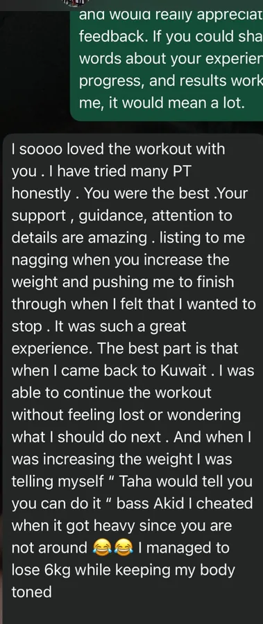Client review screenshot about continuing workouts and losing 6kg