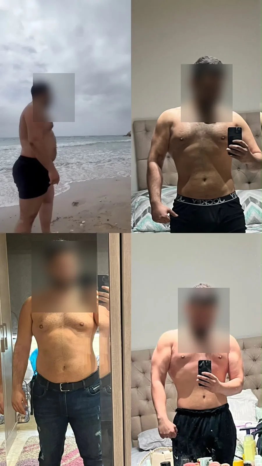 Body recomposition transformation collage with blurred faces.